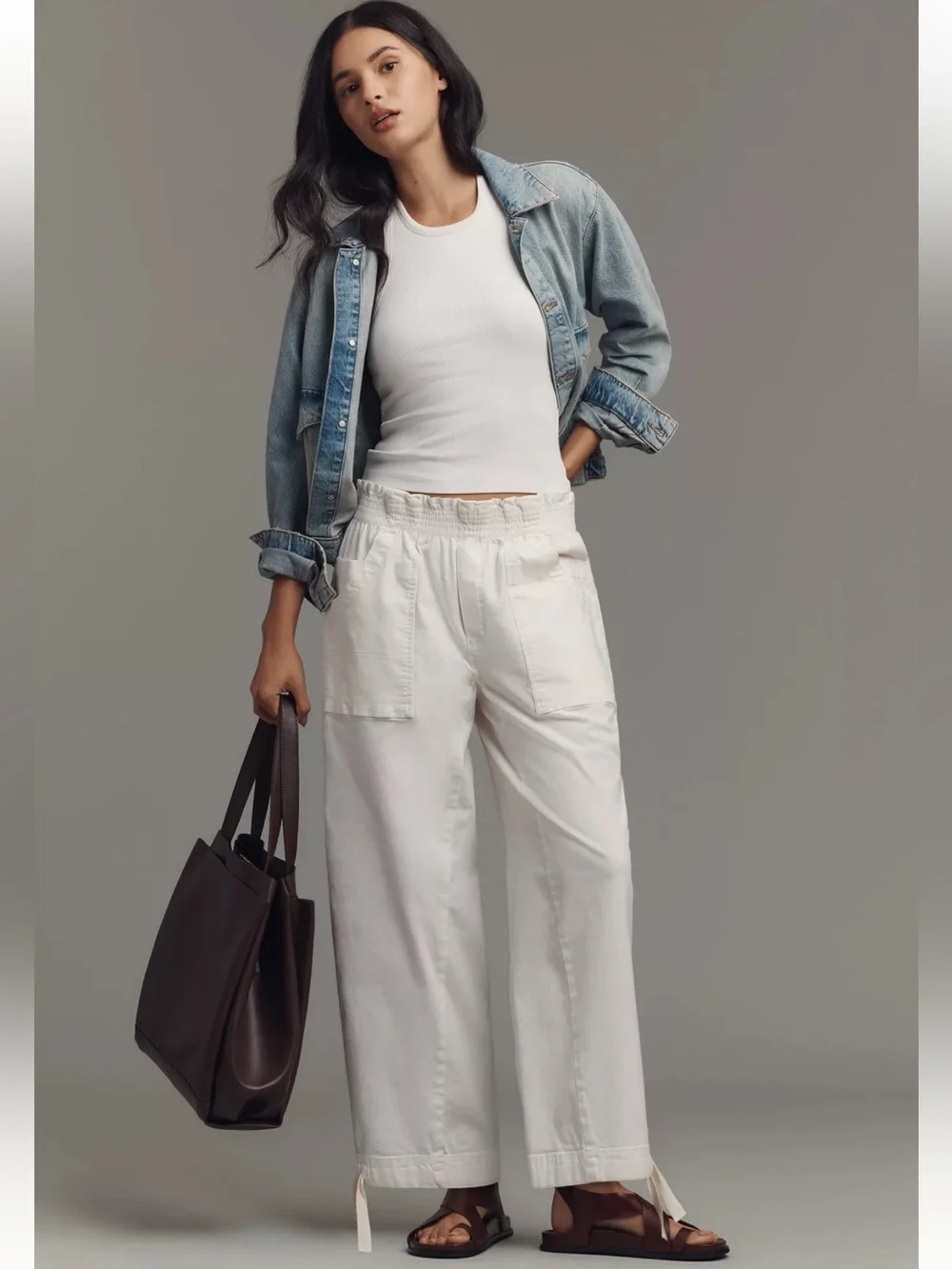 PILCRO | Crop Wide Leg Workwear Pull On Casual White Cargo Pants Size M